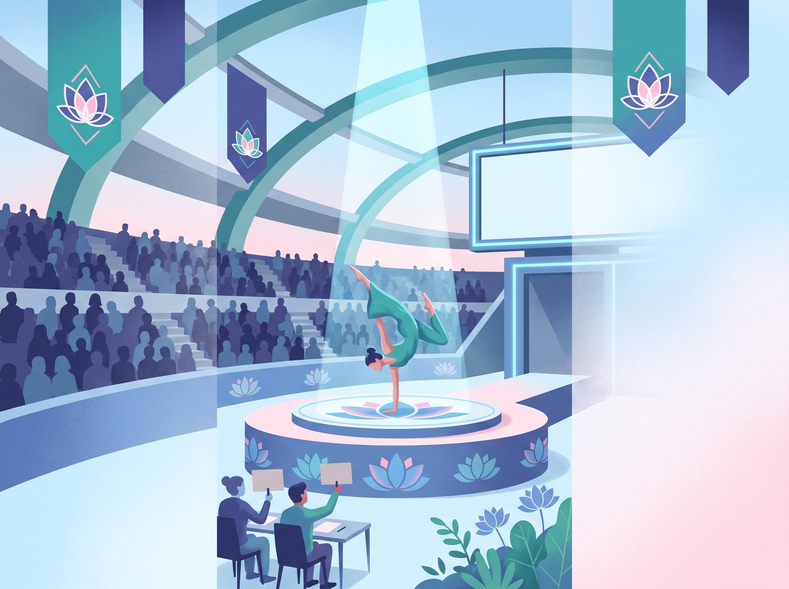 A spotlighted competitor performing a yoga asana inside a bright, world-class stadium arena